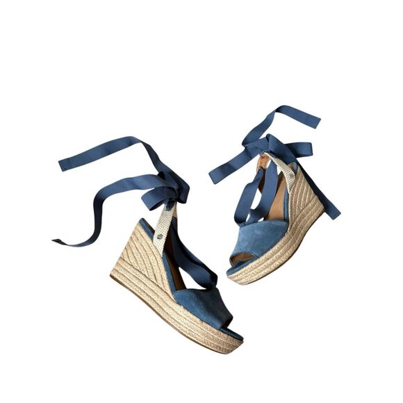 UGG Shiloh Suede Blue Sandals size 8.5 Wedge Espadrille Ribbon Tie Open Toe - Picture 3 of 11